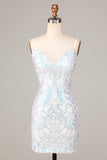 Sheath Spaghetti Straps White Sequins Short Formal Dress