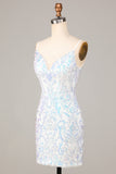 Sheath Spaghetti Straps White Sequins Short Formal Dress