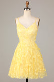 A Line Spaghetti Straps Yellow Short Cocktail Dress with Appliques