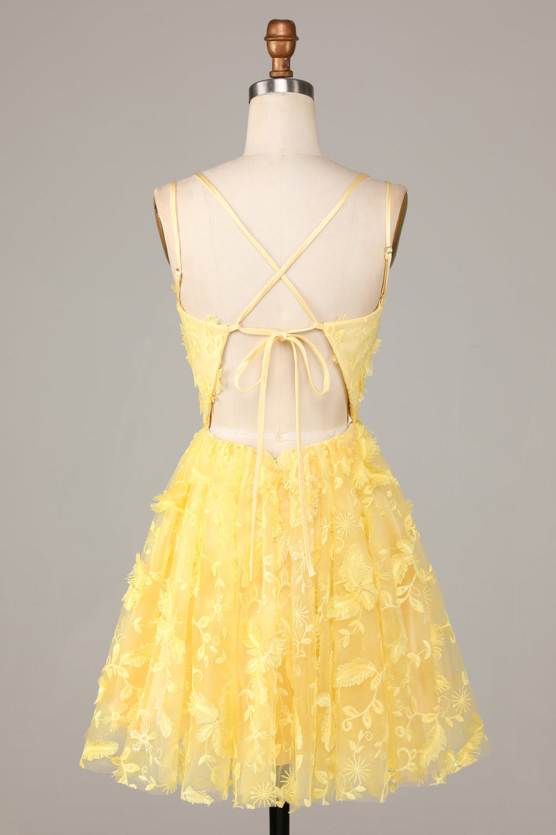 Load image into Gallery viewer, A Line Spaghetti Straps Yellow Short Cocktail Dress with Appliques