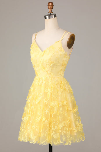 A Line Spaghetti Straps Yellow Short Cocktail Dress with Appliques