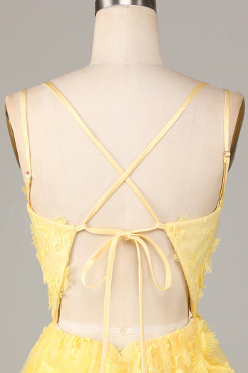 A Line Spaghetti Straps Yellow Short Cocktail Dress with Appliques