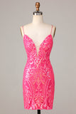 Bodycon Spaghetti Straps Fuchsia Sequins Short Formal Dress