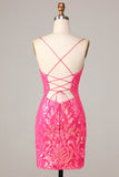 Bodycon Spaghetti Straps Fuchsia Sequins Short Formal Dress