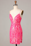 Bodycon Spaghetti Straps Fuchsia Sequins Short Formal Dress