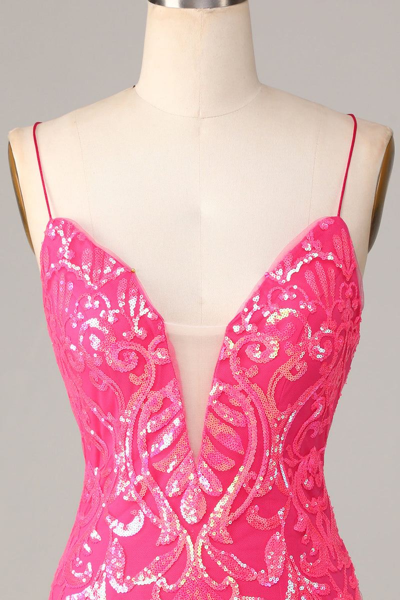 Load image into Gallery viewer, Bodycon Spaghetti Straps Fuchsia Sequins Short Formal Dress