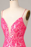 Bodycon Spaghetti Straps Fuchsia Sequins Short Formal Dress