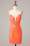 Sparkly Orange Bodycon Spaghetti Straps Sequins Short Formal Dress