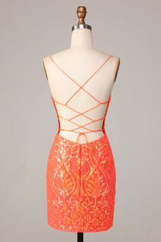 Sparkly Orange Bodycon Spaghetti Straps Sequins Short Formal Dress