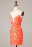 Sparkly Orange Bodycon Spaghetti Straps Sequins Short Formal Dress