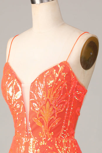 Sparkly Orange Bodycon Spaghetti Straps Sequins Short Formal Dress