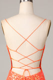 Sparkly Orange Bodycon Spaghetti Straps Sequins Short Formal Dress