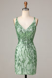 Bodycon V-Neck Green Sequins Short Formal Dress