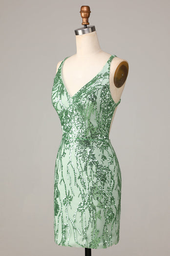 Bodycon V-Neck Green Sequins Short Formal Dress