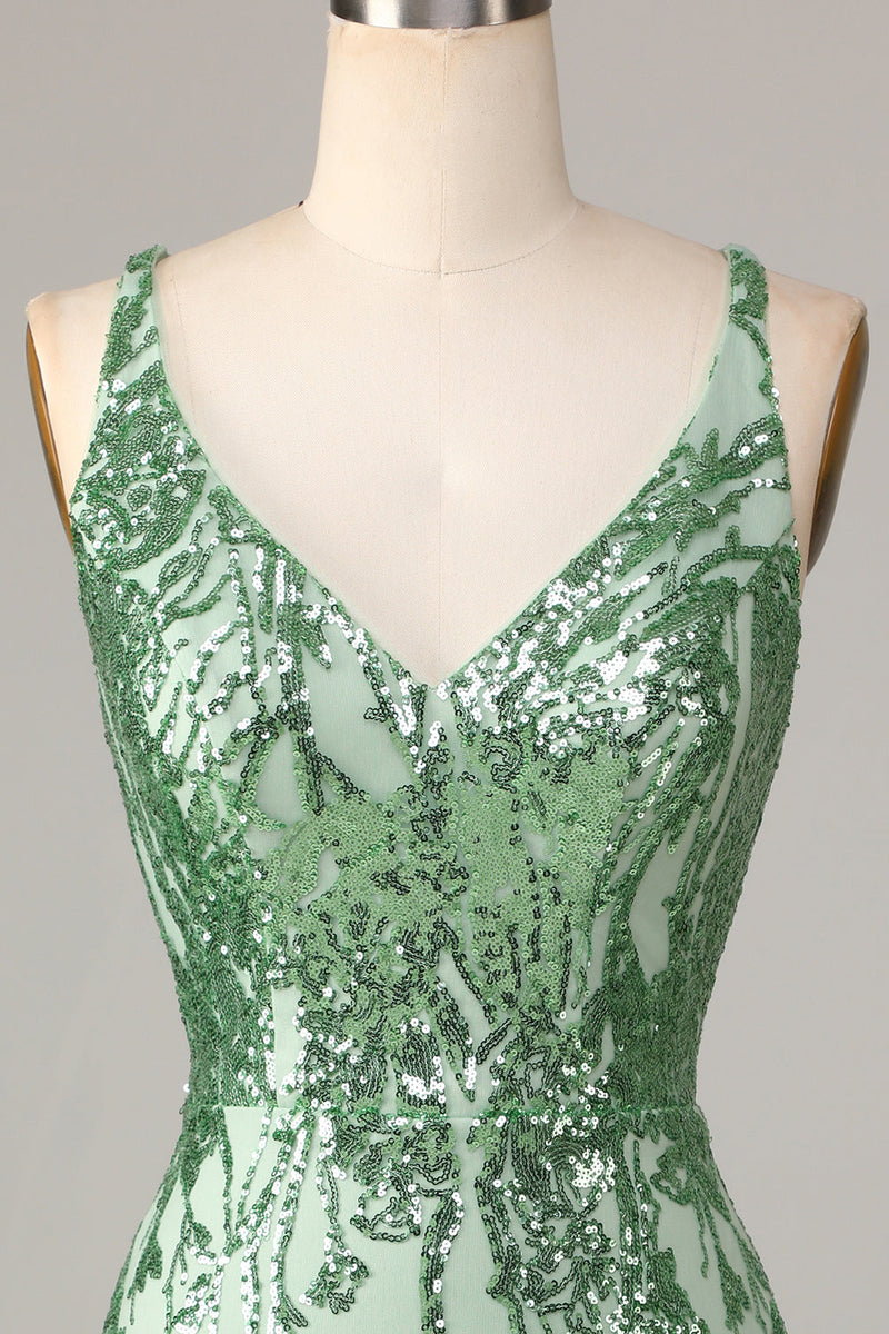Load image into Gallery viewer, Bodycon V-Neck Green Sequins Short Formal Dress