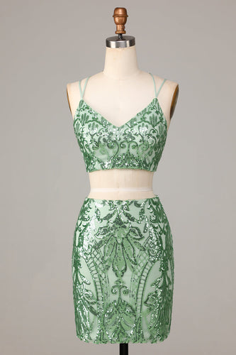Two Piece Spaghetti Straps Green Sequins Short Formal Dress