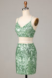 Two Piece Spaghetti Straps Green Sequins Short Formal Dress