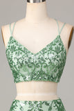 Two Piece Spaghetti Straps Green Sequins Short Formal Dress