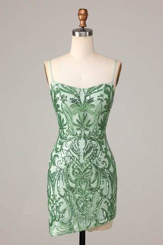Bodycon Spaghetti Straps Green Sequins Short Formal Dress