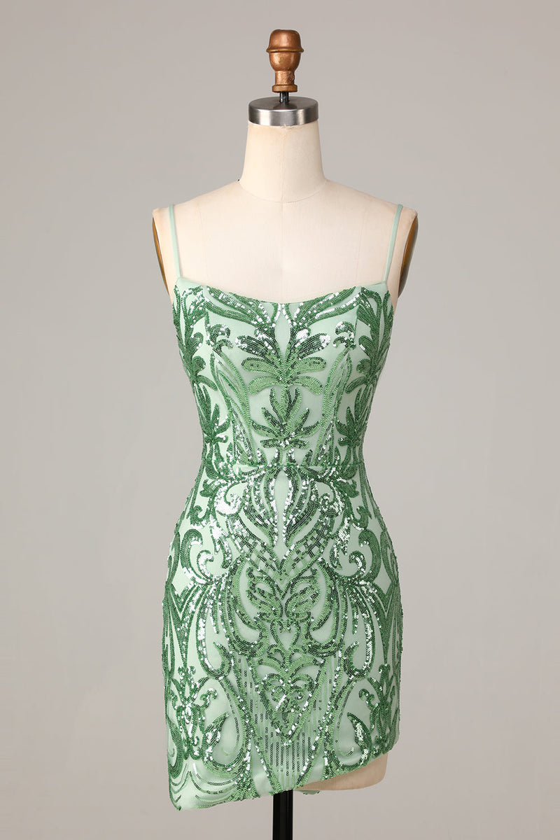 Load image into Gallery viewer, Bodycon Spaghetti Straps Green Sequins Short Formal Dress