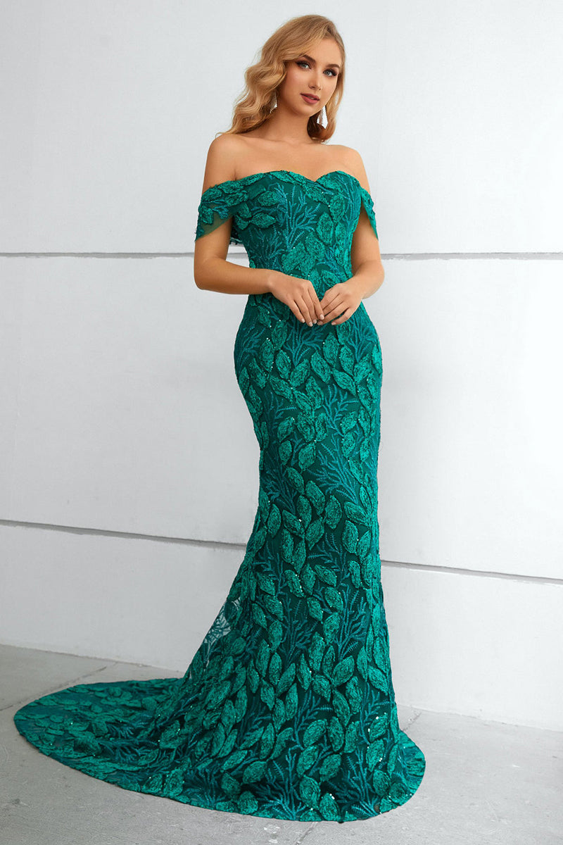 Load image into Gallery viewer, Dark Green Off The Shoulder Mermaid Formal Dress With Appliques