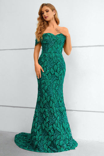 Dark Green Off The Shoulder Mermaid Formal Dress With Appliques