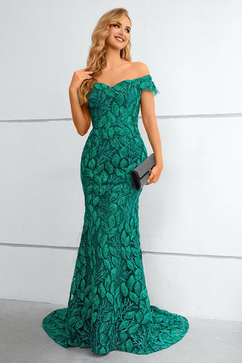 Dark Green Off The Shoulder Mermaid Formal Dress With Appliques