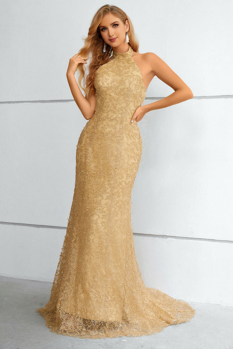 Load image into Gallery viewer, Gold Halter Neck Mermaid Formal Dress
