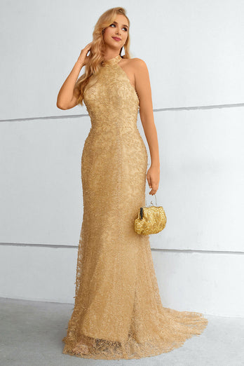 Gold Halter Neck Mermaid Formal Dress