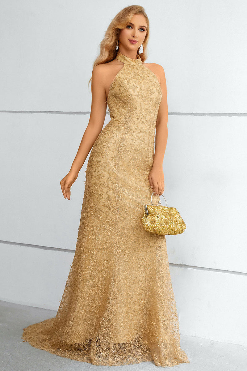Load image into Gallery viewer, Gold Halter Neck Mermaid Formal Dress