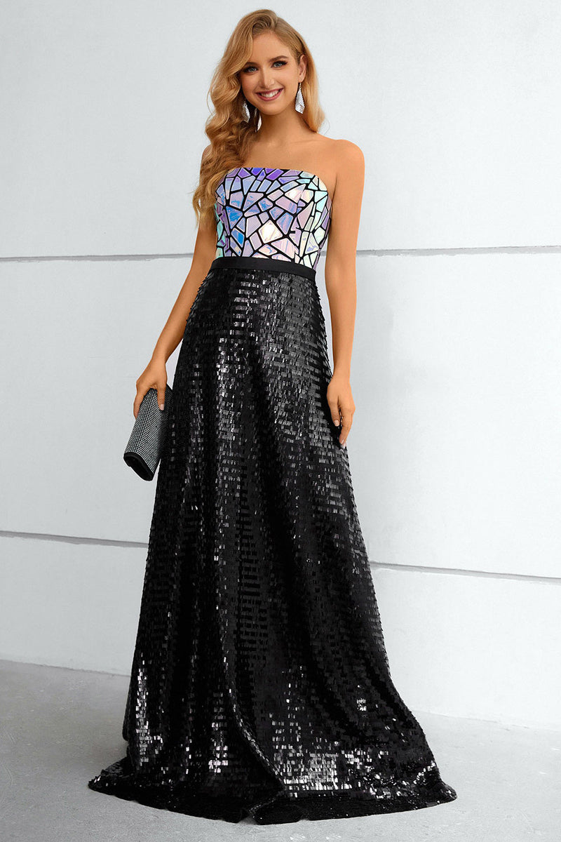Load image into Gallery viewer, Black Sequined Strapless Formal Dress