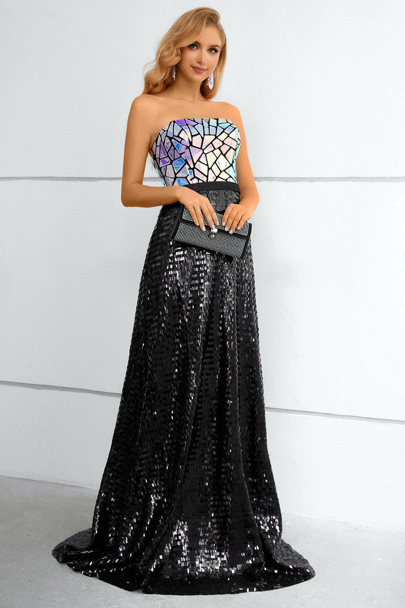 Load image into Gallery viewer, Black Sequined Strapless Formal Dress