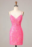 Bodycon Spaghetti Straps Fuchsia Sequins Short Formal Dress