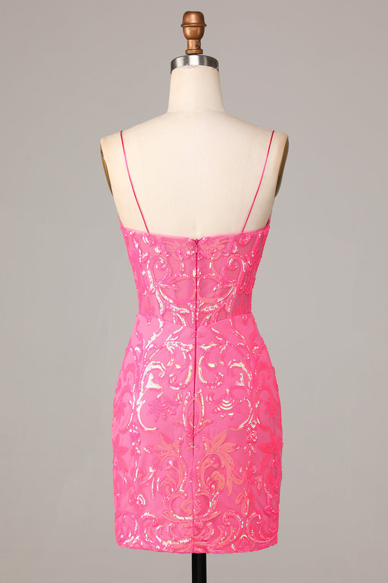 Load image into Gallery viewer, Bodycon Spaghetti Straps Fuchsia Sequins Short Formal Dress
