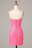 Bodycon Spaghetti Straps Fuchsia Sequins Short Formal Dress