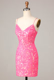 Bodycon Spaghetti Straps Fuchsia Sequins Short Formal Dress