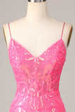 Bodycon Spaghetti Straps Fuchsia Sequins Short Formal Dress