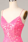 Bodycon Spaghetti Straps Fuchsia Sequins Short Formal Dress