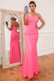 Hot Pink Sequin Spaghetti Straps Formal Dress