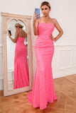 Hot Pink Sequin Spaghetti Straps Formal Dress