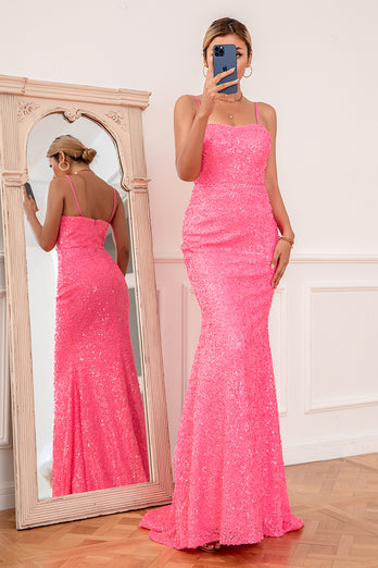 Hot Pink Sequin Spaghetti Straps Formal Dress