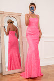 Hot Pink Sequin Spaghetti Straps Formal Dress