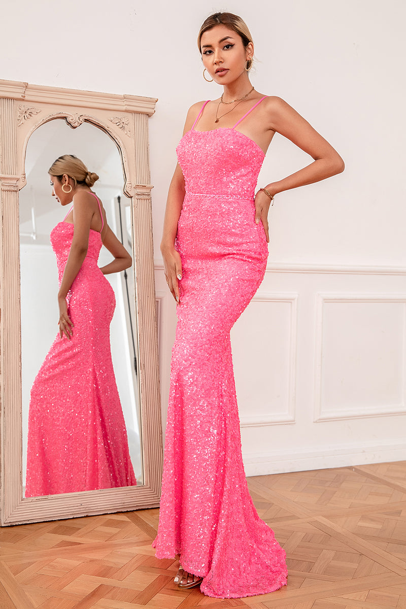 Load image into Gallery viewer, Hot Pink Sequin Spaghetti Straps Formal Dress
