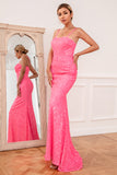 Hot Pink Sequin Spaghetti Straps Formal Dress