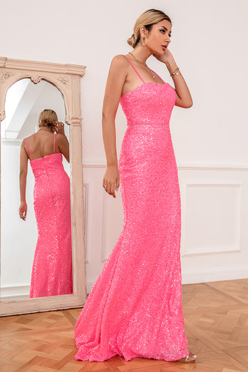 Hot Pink Sequin Spaghetti Straps Formal Dress