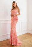 Mermaid Spaghetti Straps Coral Sequins Formal Dress