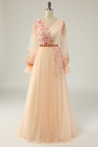 Elegant A Line V Neck Apricot Long Formal Dress with Appliques