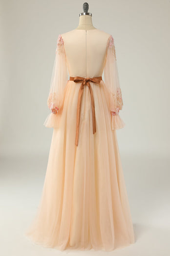 Elegant A Line V Neck Apricot Long Formal Dress with Appliques