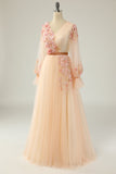 Elegant A Line V Neck Apricot Long Formal Dress with Appliques