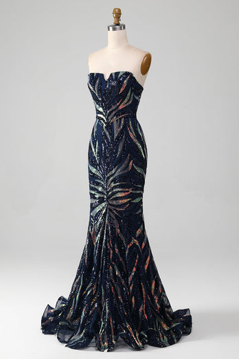 Sparkly Navy Mermaid Sequins Long Formal Dress